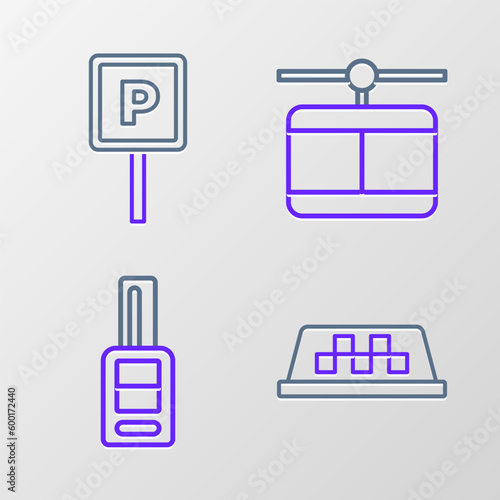 Set line Taxi car roof, Car key with remote, Cable and Parking icon. Vector