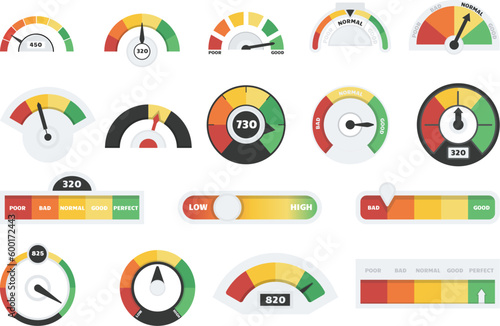 Speedometers and credit indicators. Speed chart, feedback or customer satisfaction meter. Mood scales gauges, progress decent vector elements