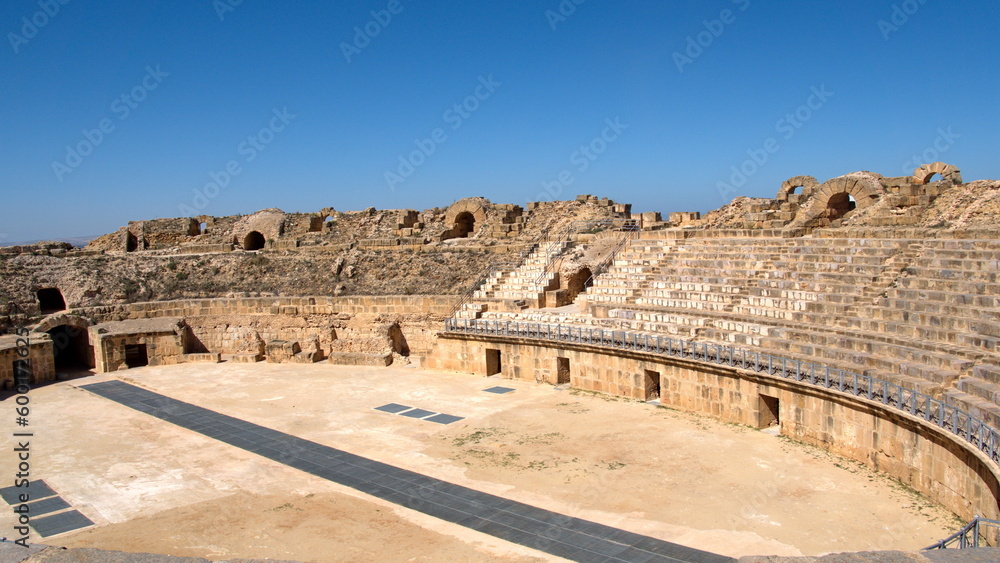 Stadium style seating in the amphitheater in the Roman ruins at Uthina, outside of Tunis, Tunisia