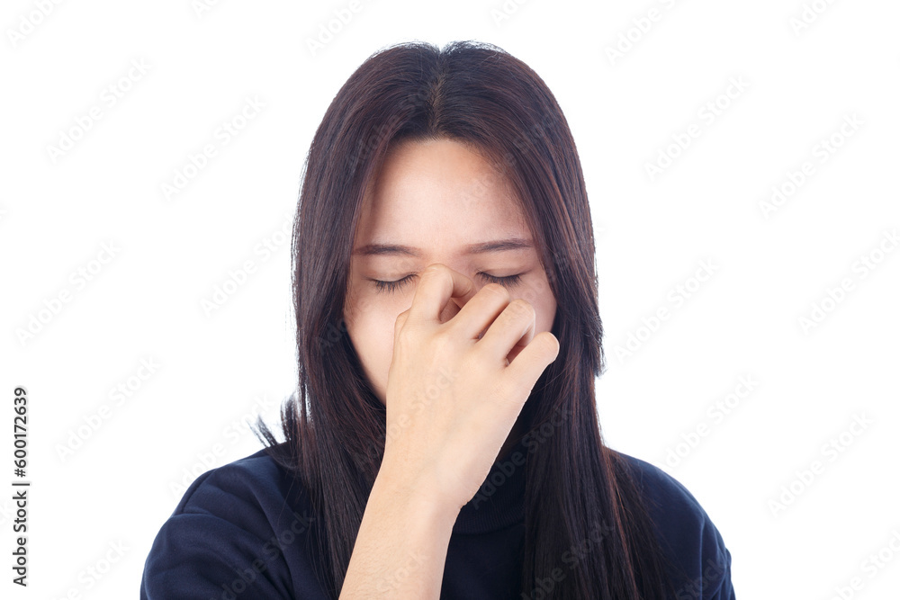 Young woman with sinus pressure pain isolated on white background Young woman with sinus pressure pain isolated on white background
