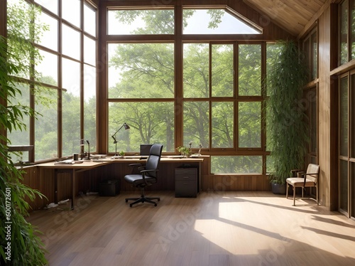 A home office with earthy hues  natural wood finishes  and large windows overlooking a lush garden. Generative AI