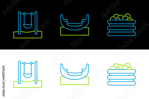 Set line Pool with balls, Swing and Boat swing icon. Vector