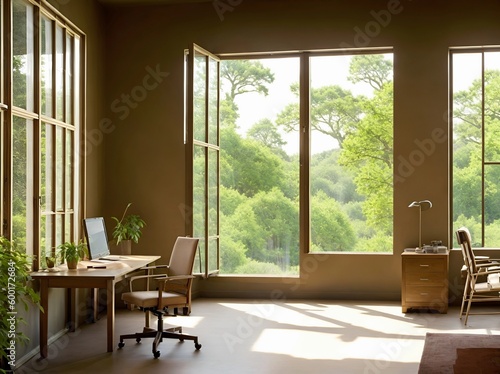 A calm home office with natural wood finishes and large open window, Generative AI © Miroslav
