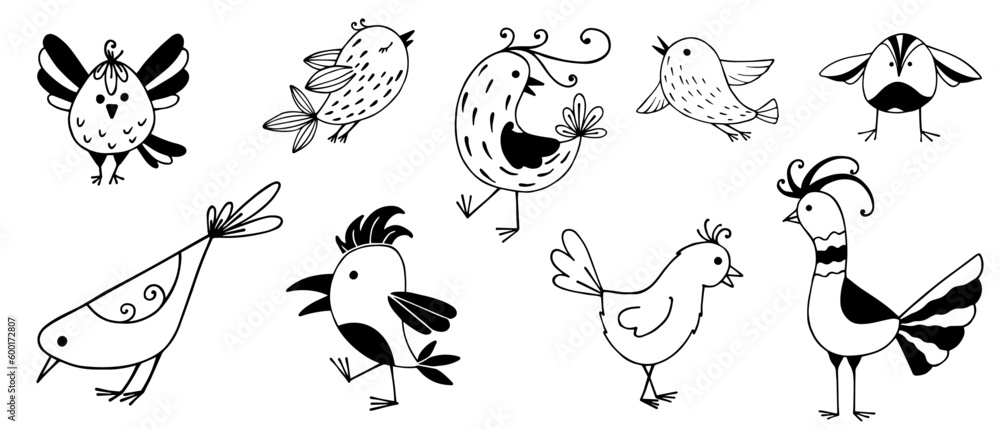 Naklejka premium Set of cute doodle little birds.Vector graphics.