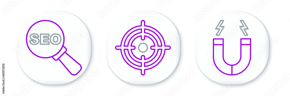 Set line Magnet, SEO optimization and Target icon. Vector Set line Magnet, SEO optimization and Target icon. Vector