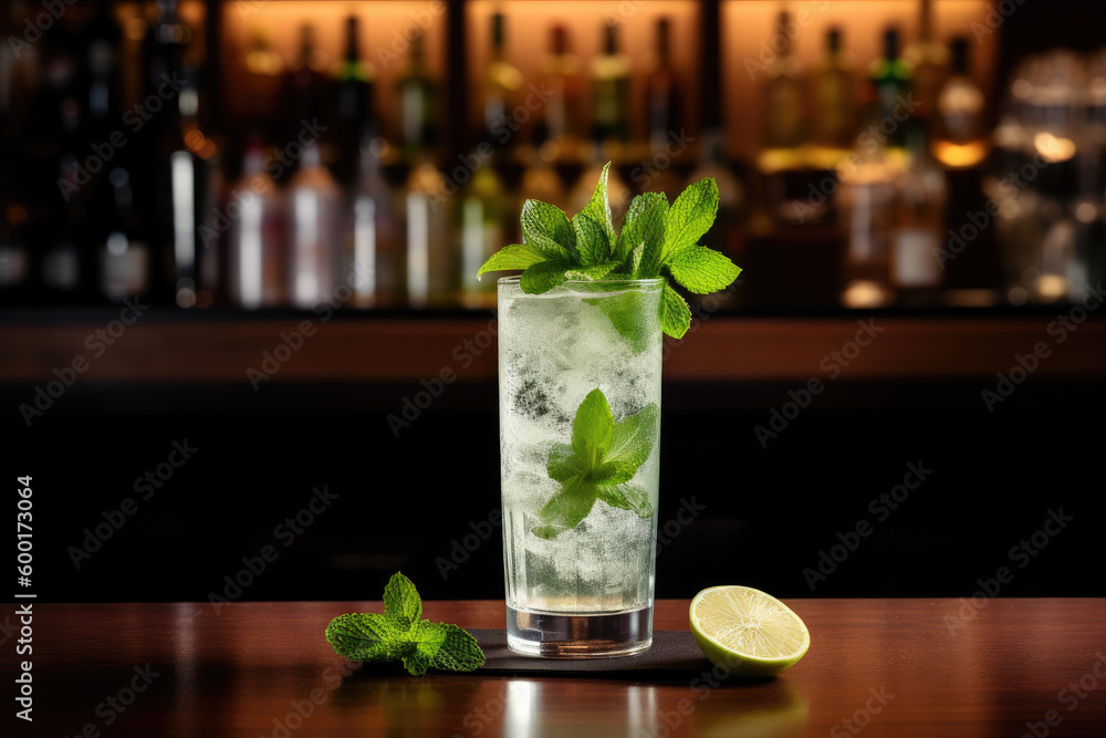 Mojito cocktail on bar countertop table, Generative AI Mojito cocktail on bar countertop table, Generative AI