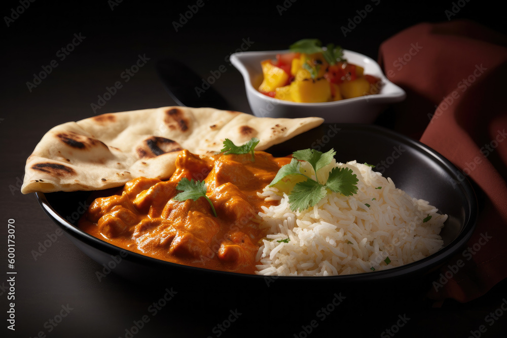 Indian curry with basmati rice and naan bread, Generative AI Indian curry with basmati rice and naan bread, Generative AI