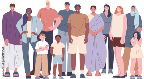 Friendly multi ethnic people, population or staff. Diverse community, flat group of adults and children together. International portrait kicky vector characters