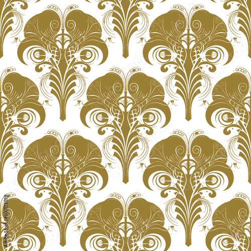 Vintage art nouveau floral seamless pattern. Vector ornamental antique old style white background with golden vintage flowers  leaves. Ornate retro ornaments. Isolated patterned design on white