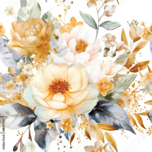 Watercolor beautiful white and yellow elegance flowers seamless pattern. Watercolor vector white background. Hand drawn paint flowers, leaves. Modern artistic ornament. Endless grunge ornate texture