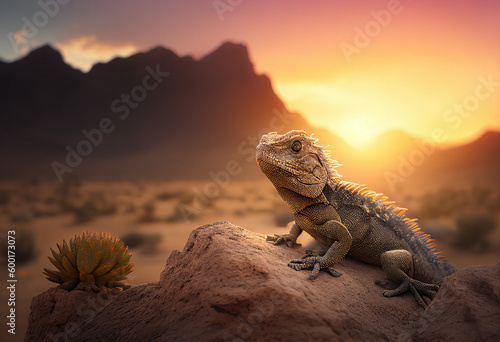 Iguana on the rock in a dry desert, Generative AI © Joyce