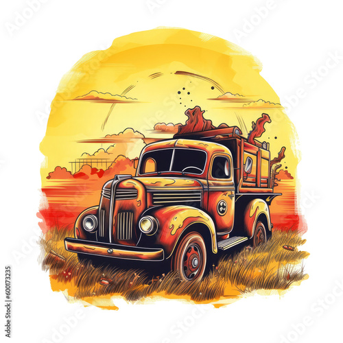 A Firefighter T-shirt Design featuring a vintage firetruck in a desolate field with a sunset in the background , Generative Ai photo