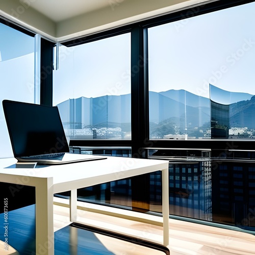 綺麗なオフィス、パソコン、仕事、資料、タイピング、グラフ、作成中、窓際 G © IK