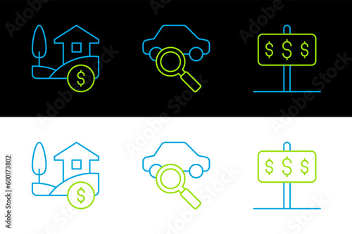 Set line House with dollar, and Car sharing icon. Vector