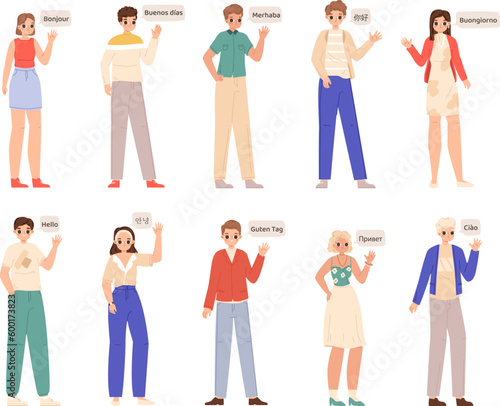 Worldwide greetings people, hello on foreign language. Young adults diversity greets, isolated casual cartoon students snugly vector characters