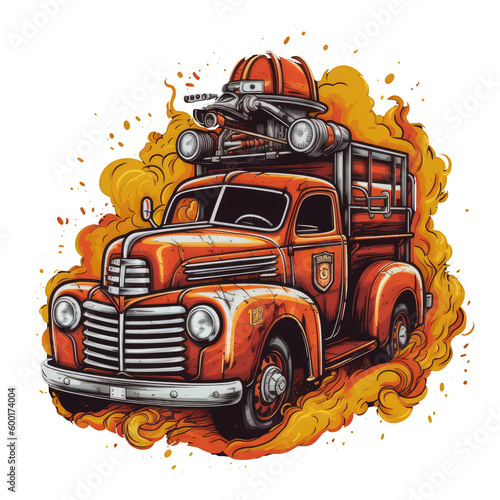 A retro Firefighter t-shirt design with a vintage feel, showcasing a graphic of a firefighter's truck from the 1950s, Generative Ai photo