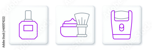 Set line Electric razor blade, Aftershave and Shaving brush with foam icon. Vector