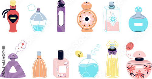 Perfume flat bottle, perfumes cartoon icons. Scented water beauty packaging, women and girl fragrance doodle decorative decent vector elements