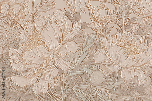 Floral art nouveau old retro style  3d peonies pattern. Vector embossed vintage background. Repeat emboss plants backdrop. Surface relief peony flowers leaves textured ornament in old nouveau style