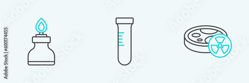 Set line Test tube with toxic liquid, Alcohol or spirit burner and icon. Vector