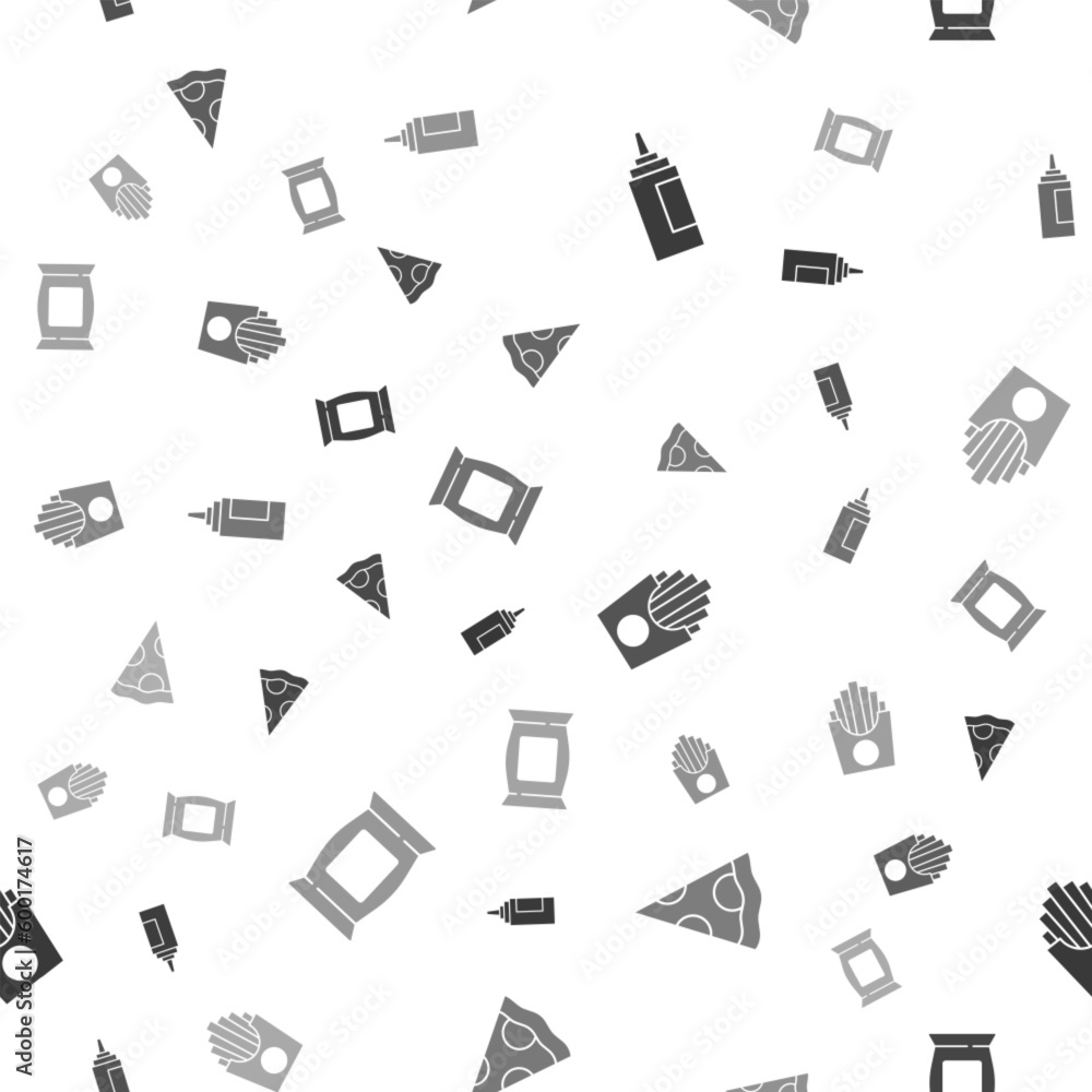 Set Sauce bottle, Slice of pizza, Potatoes french fries in box and Bag or packet potato chips on seamless pattern. Vector Set Sauce bottle, Slice of pizza, Potatoes french fries in box and Bag or packet potato chips on seamless pattern. Vector
