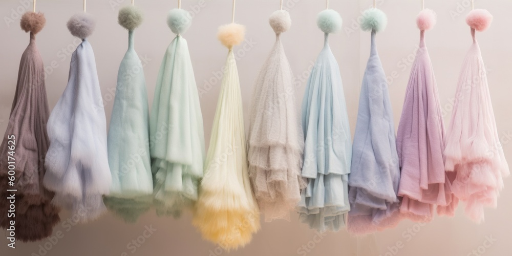 Fototapeta premium Collection of pastel colored dusters hanging in a row transforms act of dusting into an artistic and aesthetically pleasing endeavor, concept of Functional art, created with Generative AI technology