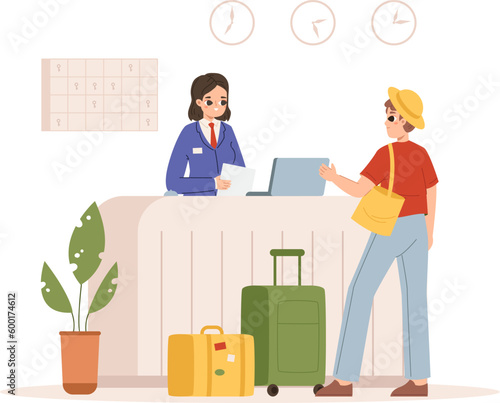 Reception desk in hotel, tourist with luggage and receptionist. Information point, help and check-in service. Manager and visitor snugly vector scene