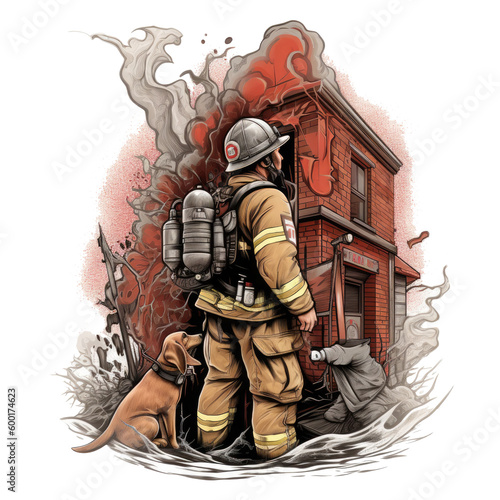 A Firefighter T-shirt Design featuring a graphic illustration of a firefighter with a fire hose and a dog beside him, looking up at a burning building, Generative Ai photo