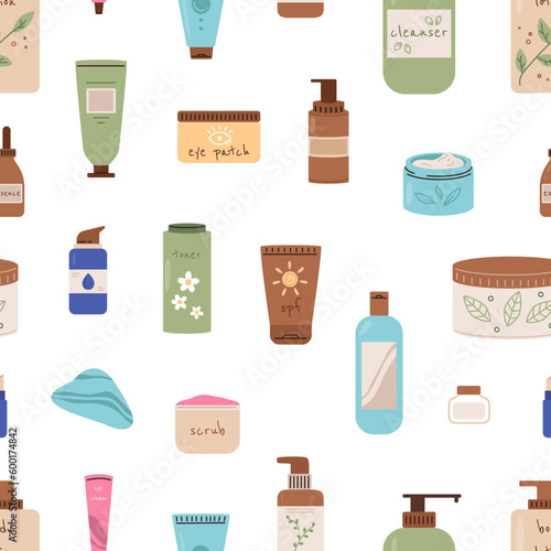 Cosmetics bottles seamless pattern. Lotions, cream, toner. Beauty and cleaning cosmetic, morning evening self care routine vector background