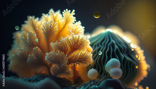 Extreme close-up of simplistic and stunning corals in a natural setting, rendered in a 3D illustration style. The underwater wallpaper showcases the textured beauty of coral, creating an abstract and