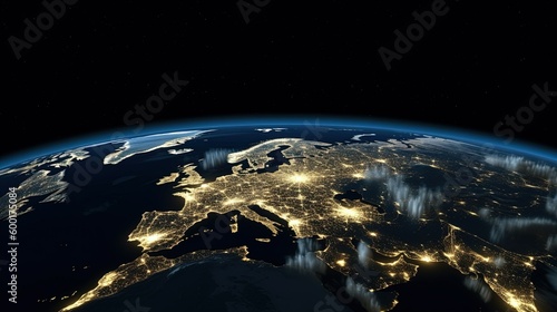 Earth from space at night with the city lights created with Generative AI technology.