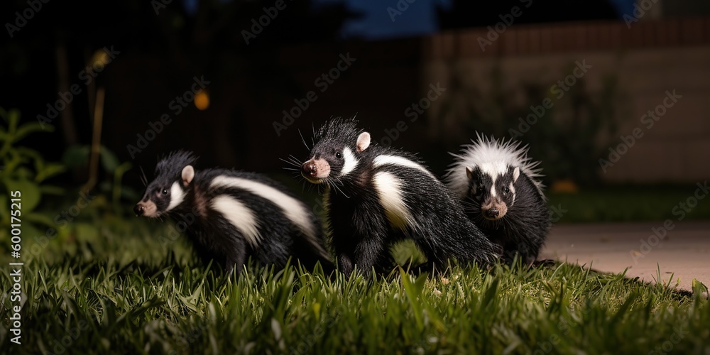 A family of skunks waddling through a suburban backyard at night, concept of Urban Wildlife Observation, created with Generative AI technology A family of skunks waddling through a suburban backyard at night, concept of Urban Wildlife Observation, created with Generative AI technology