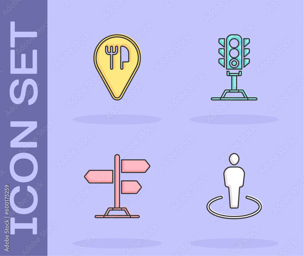 Set Location with person, Cafe and restaurant location, Road traffic sign and Traffic light icon. Vector Set Location with person, Cafe and restaurant location, Road traffic sign and Traffic light icon. Vector