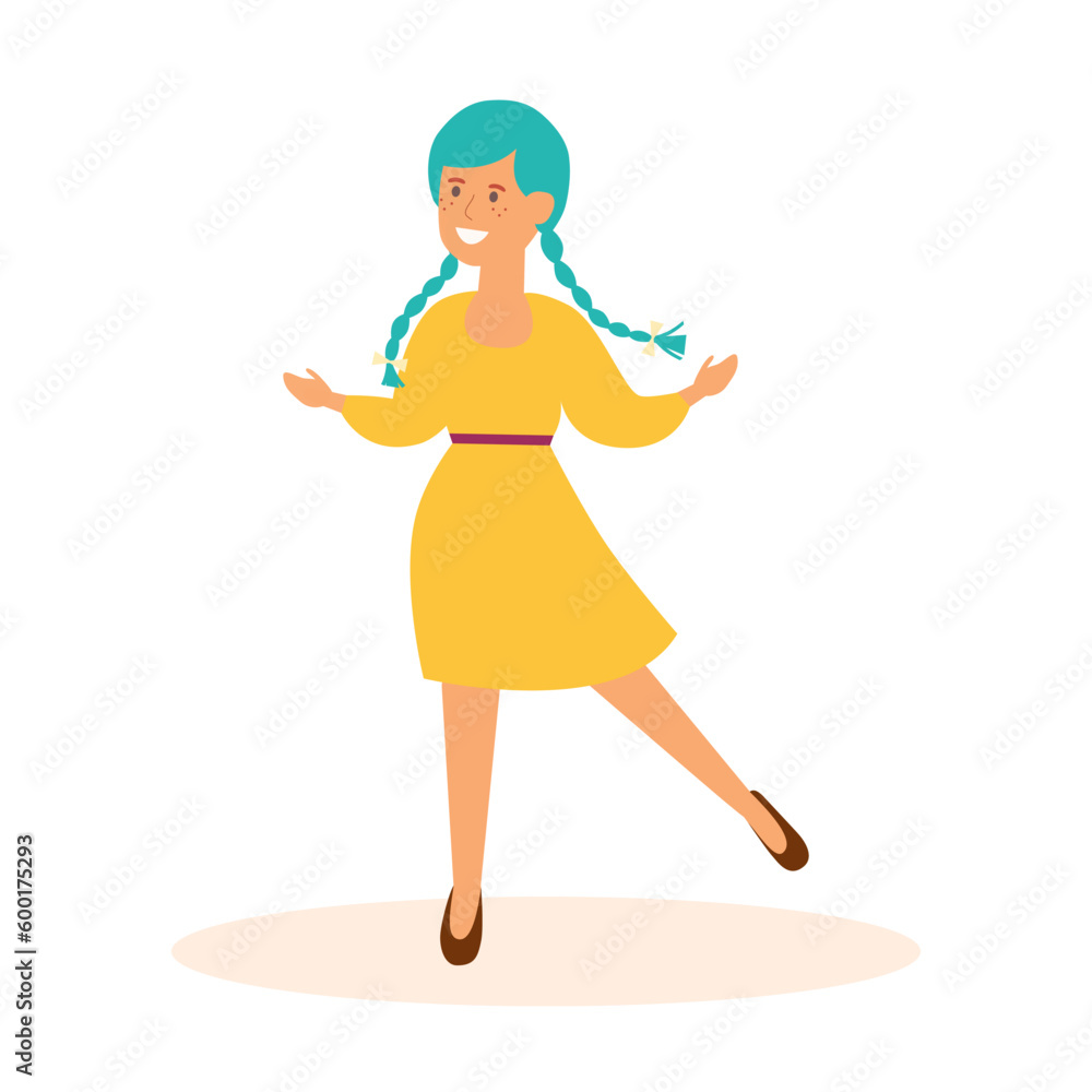 Dancing girl in yellow dress isolated on white background, cartoon style vector illustration. Dancing girl in yellow dress isolated on white background, cartoon style vector illustration.