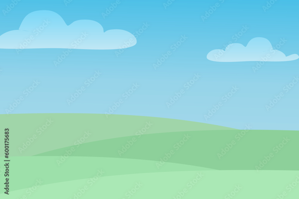 landscape with sky and clouds.Cartoon meadow landscape with grass. Blue sky with clouds. Flat valley landscape. Empty green field on sunny summer day. Green hills  background, empty glad template