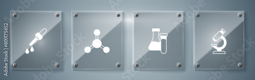 Set Microscope, Test tube, Molecule and Pipette. Square glass panels. Vector