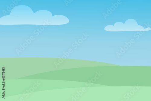 landscape with sky and clouds.Cartoon meadow landscape with grass. Blue sky with clouds. Flat valley landscape. Empty green field on sunny summer day. Green hills  background  empty glad template