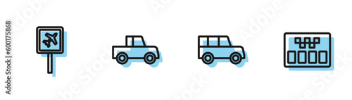Set line Car, Airport, and Taximeter icon. Vector