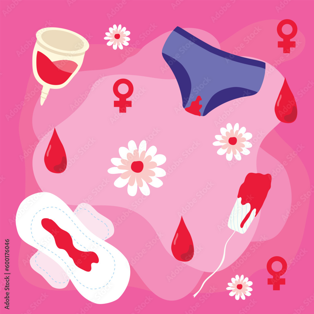 Vector set of female hygiene products. Menstrual cup, tampons, pads