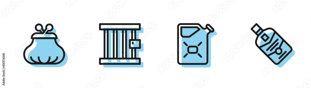 Set line Canister fuel, Wallet, Prison window and Whiskey bottle icon. Vector