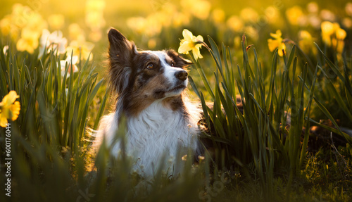 Border collie dog in daffodils