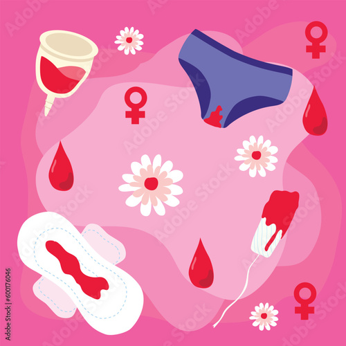 Vector set of female hygiene products. Menstrual cup, tampons, pads, eco pads, panties. Set of personal hygiene vector illustration. Female menstrual cycle flat icon set