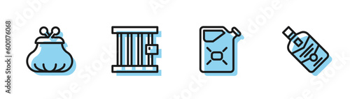 Set line Canister fuel, Wallet, Prison window and Whiskey bottle icon. Vector