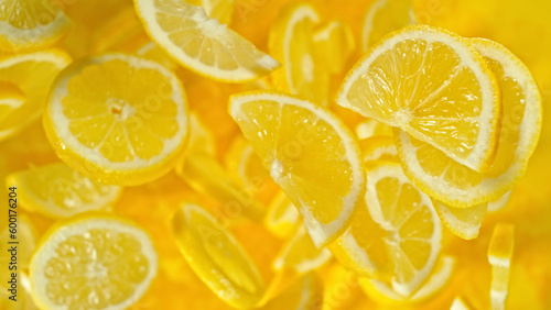 Cuadro en lienzo Top shot of lemon slices flying up in the air.