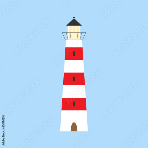 Lighthouse isolated on blue background. Cartoon sea concept. Flat nautical vector illustration