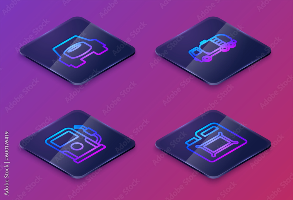 Set Isometric line Spare wheel in the car, Petrol or gas station, Tanker truck and Canister for motor oil. Blue square button. Vector Set Isometric line Spare wheel in the car, Petrol or gas station, Tanker truck and Canister for motor oil. Blue square button. Vector