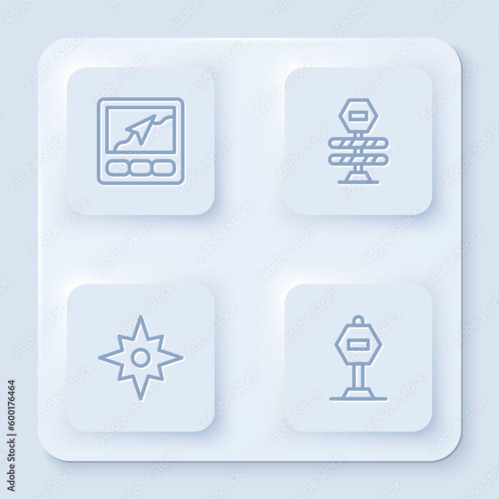 Set line Gps device with map, Road barrier, Wind rose and Stop sign. White square button. Vector Set line Gps device with map, Road barrier, Wind rose and Stop sign. White square button. Vector