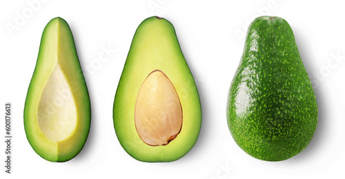 Avocado isolated set. Collection of ripe green avocado, half fruit and a slice of avocado on a transparent background.