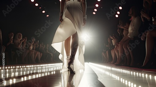 Model walks runway modeling fashions clothes by modern designer, low angle view with spotlights lighting, fashion show demonstrate new fashion trends by female supermodel on catwalk, generative AI photo