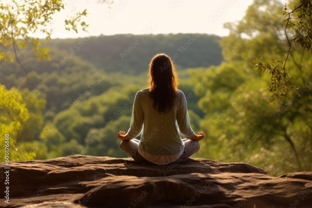 A young person meditating or doing yoga, surrounded by nature and peaceful scenery. Generative Ai